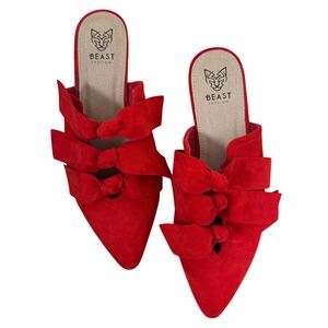 Beast Fashion Red Faux Suede Triple Bow Pointed Toe Mule Flats 8.5